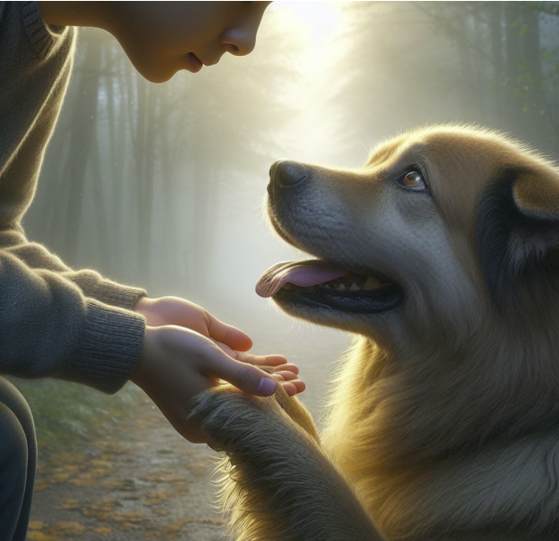 A child's hand meeting a dog's paw in a sunlit forest