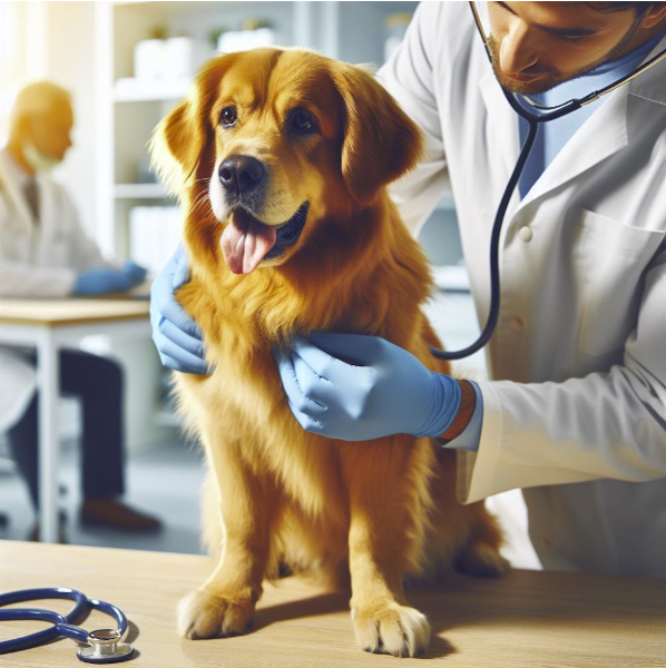 A veterinarian examining a golden retriever with a stethoscope